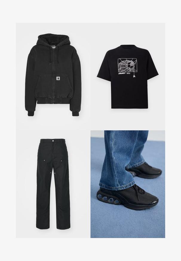 Carhartt WIP ACTIVE JACKET - Bomber bunda - black stone washed; Černé tričko vyrobené z bavlny s krátkými rukávy. Na přední straně má bílé grafické zobrazení pavučiny a logo. Jednoduchý kulatý výstřih.; Černé kalhoty s rovnými nohavicemi, vyrobené z strukturované tkaniny. Obsahují dekorativní stříbrné prvky a unikátní švy.; Černé sportovní tenisky s síťovaným svrškem, texturovanými akcenty a viditelnými vzduchovými polštářky v podešvi. Nosené s modrými denimovými džíny.