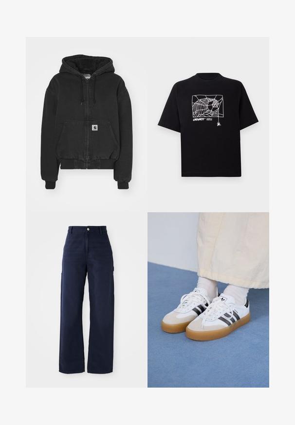 Carhartt WIP ACTIVE JACKET - Bomber dzseki - black stone washed; Fekete pamut póló rövid ujjakkal. Elülső részén fehér pókhálós grafika és logó található. Egyszerű, kerek nyakú.; Tengerészkék, bővebb, cargo stílusú nadrág strapabíró pamutból, oldalsó zsebekkel és gombos derékmegoldással.; Fehér sportcipő fekete csíkokkal és bézs velúr részletekkel. Texturált gumi talppal és lapos fehér fűzőkkel rendelkezik, világos színű zoknival viselve.