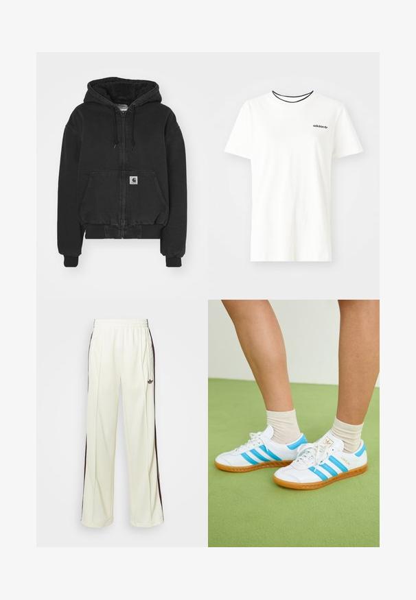 Carhartt WIP ACTIVE JACKET - Geacă bomber - black stone washed; Tricou alb din bumbac cu mâneci scurte și guler rotund. Prezentă un logo Adidas negru pe piept și un guler interior contrastant de culoare neagră.; Pantaloni sport de culoare crem, cu o croială lejeră, având dungi laterale de culoare maro închis și un logo brodat pe coapsa stângă.; Tenisi albi cu dungi albastre deschise, talpă din cauciuc și design cu șireturi. Prezintă branding auriu și o textură netedă asemănătoare cu pielea.
