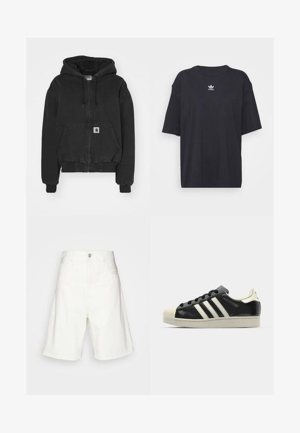 Carhartt WIP ACTIVE JACKET - Bomberjacks - black stone washed; Zwarte katoenen T-shirt met korte mouwen, ronde halslijn, voorzien van een wit Adidas-logo op de borst. Eenvoudig ontwerp, comfortabele pasvorm.; Witte denimshorts met een hoge taille, voorzien van een knoopsluiting aan de voorkant, twee zijzakken en een relaxte pasvorm. Gladde textuur zonder zichtbare patronen.; Zwarte leren sneaker met witte strepen, rubberen teenbescherming, zwarte veters en een crèmekleurige loopzool. Glad oppervlak met een glanzende afwerking.