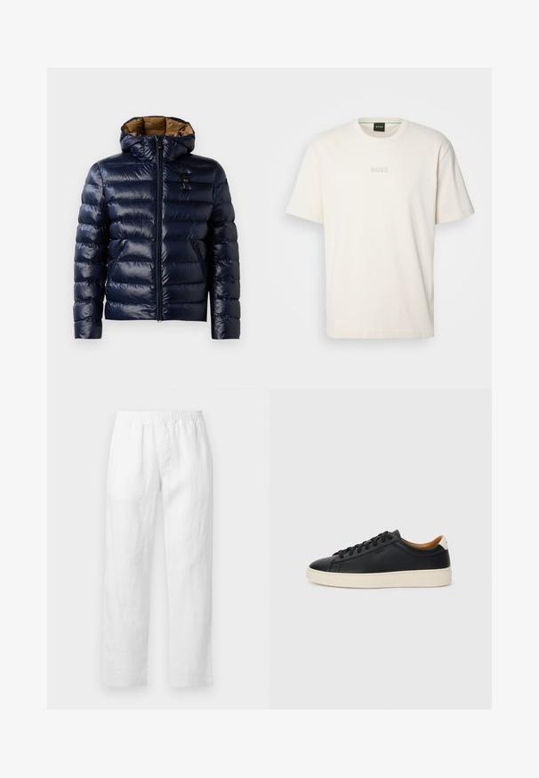 Tumes puffer-jakk, millel on läikiv viimistlus, kapuuts, lukuga eesosa ja küljetaskud. Sees on pruuni värvi vooder, millel on tikanditekstuur.; BOSS TEE - Lihtne T-särk - open white; Valged linased püksid, millel on elastne vöökoht, sirge säärejoon ja pehme tekstuur, ilma nähtavate mustrite või riistvara detailideta.; Mustad nahast tennised sujuva pindadega, beež kummist tallaga, paelaga kinnitamine ja kontrastse kanna aktsendiga.