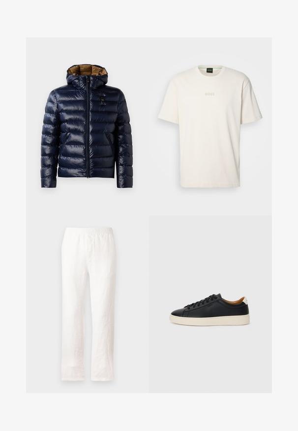 Kék pufi dzseki fényes felülettel, kapucnival, cipzáras elülső résszel és oldalsó zsebekkel. Belső bélése barna színű, steppelt textúrával.; BOSS TEE - Basic póló - open white; Fehér len nadrág, rugalmas derékpánttal, egyenes lábbal és enyhén texturált anyagból. Nincsenek minták vagy további részletek.; Fekete bőr sportcipők sima felülettel, bézs gumitalppal, fűzős dizájnnal és kontrasztos sarkú akcentussal.