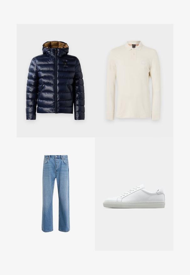 Merijään puffer-takki kiiltävällä pinnalla, jossa on huppu, vetoketjuzfrontti ja sivutaskut. Sisäpuolella ruskea vuori, jossa on tilkkutyötekstuuri.; Paita polo dengan lengan panjang berwarna beige terang, terbuat dari kain halus, dilengkapi dengan kerah polo, placket dua kancing, dan tambalan logo kecil di dada.; Vaaleansiniset farkut suoranlahkeisella muotoilulla, viisi taskua, nappisuljenta, vähäinen kuluminen ja kontrastiväriset ompeluyksityiskohdat.; Valkoinen tennari, jossa on sileä nahkapäällinen ja matala profiili. Ominaisuuksiin kuuluu pyöreä kärki, kuusi rei'itystä ja teksturoitu kumipohja.