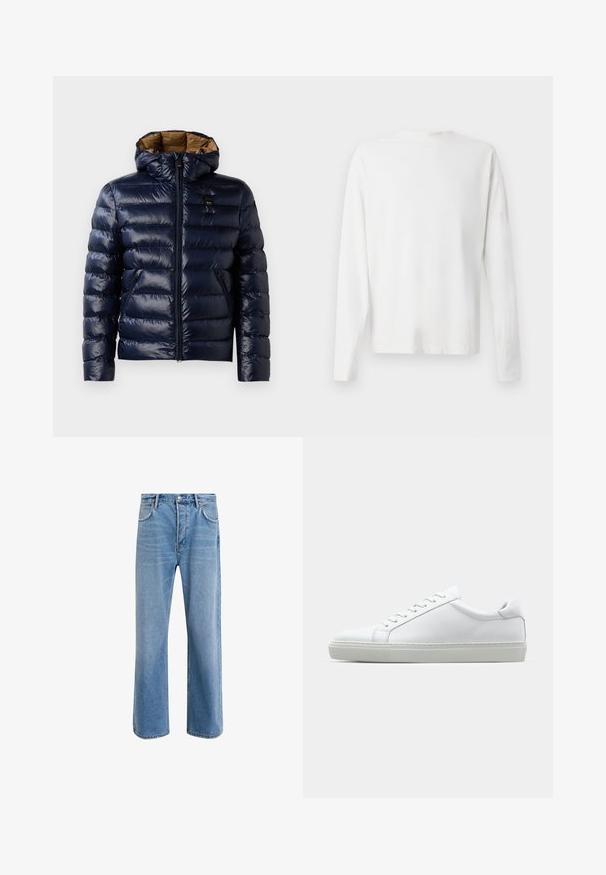 Marineblaue Puffjacke mit glänzender Oberfläche, ausgestattet mit einer Kapuze, einem Reißverschluss vorne und seitlichen Taschen. Innen mit braunem, gestepptem Futter ausgekleidet.; Langärmliges weißes Baumwollhemd mit rundem Ausschnitt, seitlichen Schlitzen am unteren Rand und glatter Textur, von hinten präsentiert.; Helle blaue Jeans im Geradeschnitt-Design, mit fünf Taschen, Knopfverschluss, minimaler Ausbleichung und kontrastierenden Nähdetails.; Weißer Sneaker mit glattem Lederobermaterial und niedrigem Profil. Verfügt über eine runde Zehenpartie, sechs Ösen und eine strukturierte Gummisohle.