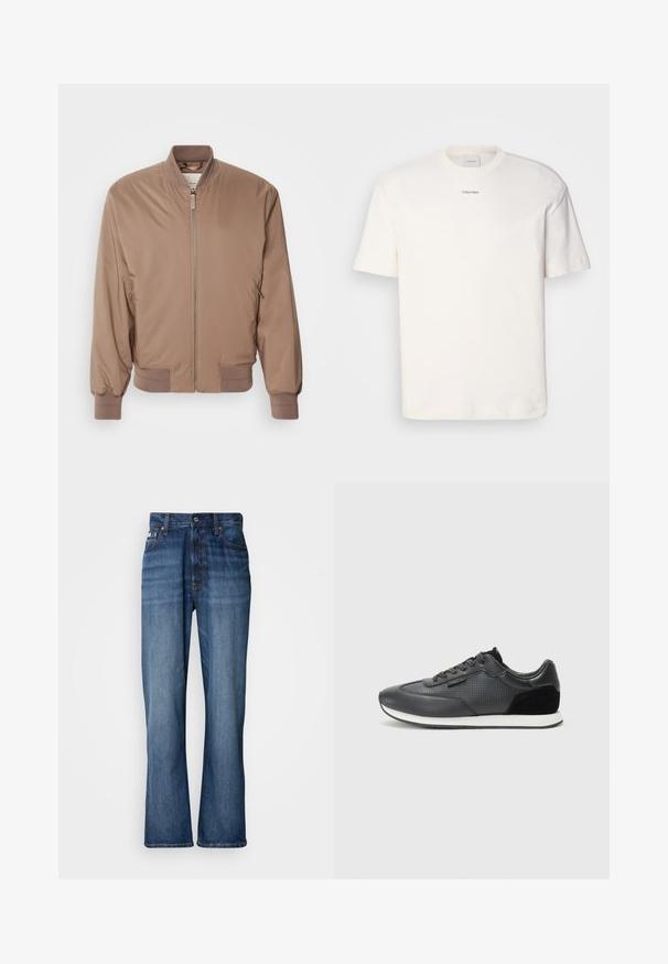 Pruun bomber-jakk, millel on lukuga eesmine osa, ribitud varrukad ja helkivad taskud. Valmistatud siledast, kergest materjalist, millel on mati viimistlusega pind.; Valge puuvillane T-särk, millel on ümar kaelus, lühikesed varrukad ning rinnas keskel tikitud "Calvin Klein" logo. Üksluisus.; Sinine denim kangas, kõrge vöökoht, laienevad sääred, viie tasku disain ja tooni õmblused. Omab nööpidega sulgemist ja poppers taskuid.; Mustad mustasaapad, millel on nahast ülemine osa, perforatsioonid, seemisnahast aktsentide ja valge kummitald. Klassikaline lipsuotsimise disain.