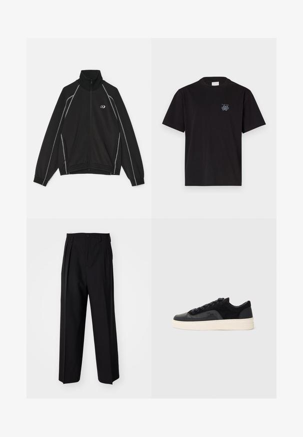 Black zip-up jacket with a high collar, white accent stitching along the seams, side pockets, and an embroidered logo on the chest.; Black cotton t-shirt with a crew neck and short sleeves. Features a small blue logo on the left chest. Simple, straight-cut design.; Black pleated trousers with a straight, wide-leg design. Made from smooth fabric, featuring a button closure and belt loops.; Black sneakers featuring a combination of smooth leather and textured suede, with flat laces, rounded toe, and a cream rubber sole.