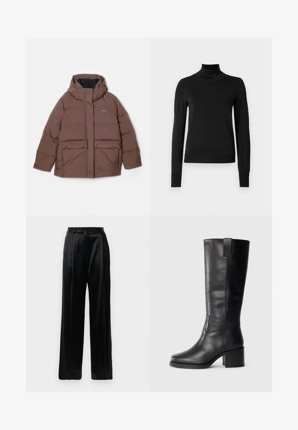 Holzweiler BESSEGGEN JACKET - Down jacket - dark brown; Black long-sleeve turtleneck sweater with ribbed cuffs and hem, displayed on a plain white background.; Black high-waist satin trousers with straight wide legs, belt loops, and a flat front closure against a plain white background.; Black leather knee-high boots with a smooth texture, square toe, block heel, and side pull tab, featuring minimal stitching details.