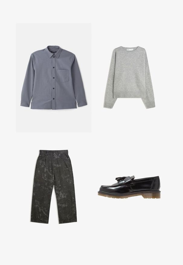 Cămașă gri cu mânecă lungă, guler cu nasturi, buzunar pe piept și nasturi negri. Confecționată dintr-un material neted cu o textură subtilă.; Pulover gri tricotat cu guler rotund, manșete și tiv ribbed, având o croială relaxată și o textură moale.; Pantaloni din denim gri închis, cu o croială lejeră, având modele marmorate subtile și accente din metal. Design cu cinci buzunare.; Loaferi din piele patent neagră, cu un design împletit, accent cu ciucure și o talpă din cauciuc texturat, robustă. Vederea laterală evidențiază silueta elegantă.