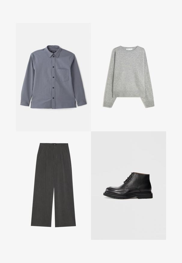 Gray long-sleeve shirt with a button-down collar, chest pocket, and black buttons. Made of smooth fabric with a subtle texture.; Gray knit sweater with a crew neckline, ribbed cuffs and hem, featuring a relaxed fit and soft texture.; Wide-leg trousers in dark grey fabric, featuring a pleated front, two side pockets, and a flat waistband. Smooth texture and tailored design.; Black leather ankle boot with lace-up closure, rounded toe, and thick rubber sole against a plain white background.