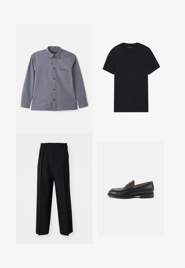 Gray long-sleeve shirt with a button-down collar, chest pocket, and black buttons. Made of smooth fabric with a subtle texture.; Black cotton t-shirt with short sleeves and a round neckline. The fabric has a smooth texture and a simple, solid design.; Black pleated trousers with a straight, wide-leg design. Made from smooth fabric, featuring a button closure and belt loops.; Black leather loafers with a smooth finish, rounded toe, and decorative stitching on the vamp. Low stacked heel and slight shine.