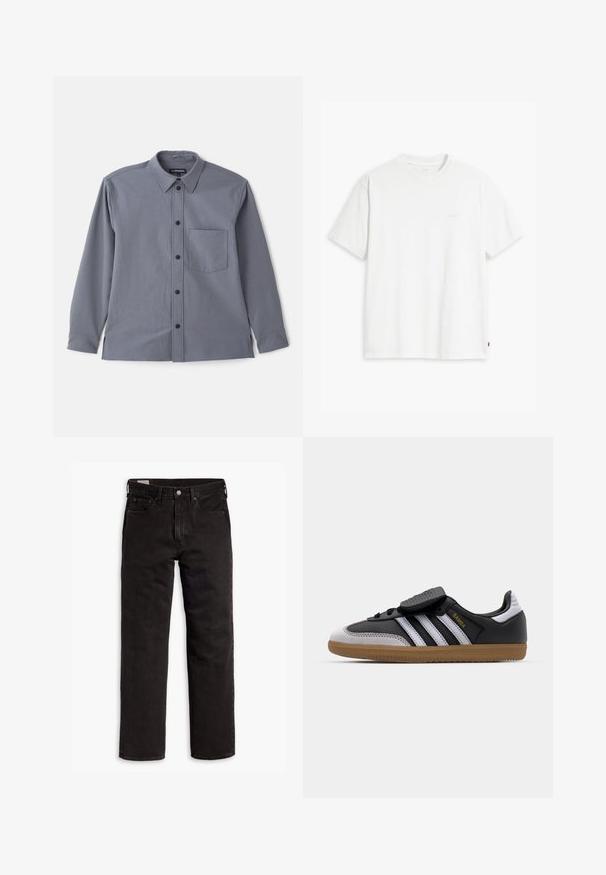 Hall värviline pika varrukaga särk, mis on varustatud nööbiga kaelusega, rinna tasku ja mustade nööpidega. Valmistatud siledast kangast, millel on õrn tekstuur.; Valge puuvillane t-särk lühikeste varrukatega, ümmargune kaelus ja peene Levi'si logo trükituna keskel. Pehme tekstuur ja standardne istuvus.; Mustad sirgedega teksapüksid viie taskuga, nööpidega kinnitamine ja vöökohaga, lamab tasasele valgele taustale.; Must musta ja halli suede tennisekad valgete triipudega, kummist kummitallaga, paelaga esiosaga ja Velcro rihmaga. Omab kuldset "Samba" brändi.