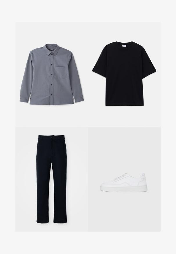 Camisa cinza de manga longa com colarinho abotoado, bolso no peito e botões pretos. Feita de um tecido suave com uma textura subtil.; T-shirt oversized de manga curta preta com decote redondo e etiqueta da marca Filippa K visível no interior da gola.; Calças azul marinho em algodão, com um design de perna reta, fecho frontal com botão e cinta clássica com passantes para cinto.; Sapatilha baixa branca com atacadores, parte superior lisa e sola de borracha sobre um fundo claro e simples.