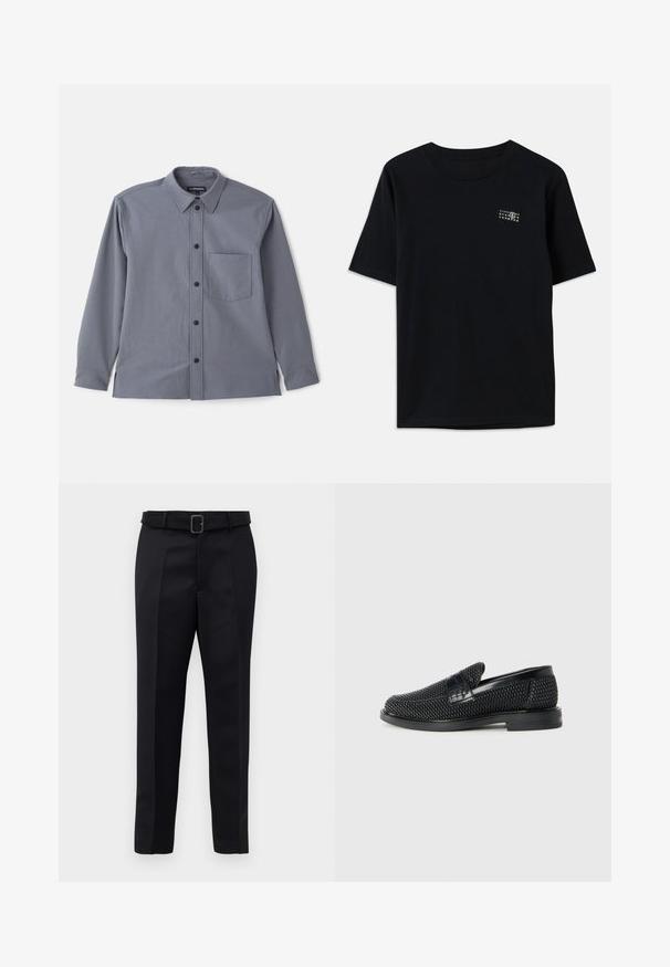 Gray long-sleeve shirt with a button-down collar, chest pocket, and black buttons. Made of smooth fabric with a subtle texture.; Black cotton t-shirt with short sleeves, round neckline, and a small white graphic featuring numbers on the left chest.; Black tailored trousers feature a smooth fabric, straight cut, and a belted waist with a rectangular buckle. Notable front creases enhance the design.; Black woven slip-on shoe with a smooth leather accent on the upper, a round toe design, and a low-profile rubber sole.