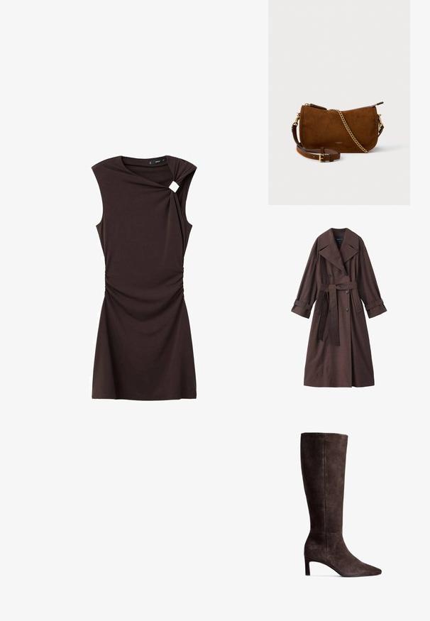 Bruine trenchcoat met een gestructureerde afwerking, dubbelrijks ontwerp, brede kraag, ceintuur in de taille en opgerolde manchetten.; Bruine jurk met korte mouwen, voorzien van een gedraaide design bij de schouder en plooien bij de taille, gemaakt van een gladde, rekbare stof.; Bruine suede kniehoge laars met een puntige neus en een hak van 7,5 cm. Glad textuur, slanke silhuet en minimalistisch ontwerp.; Bruine suede schoudertas met een gestructureerde afwerking, een gouden kettingaccent en een verstelbare leren schouderband. Voorzien van een ritsluiting.