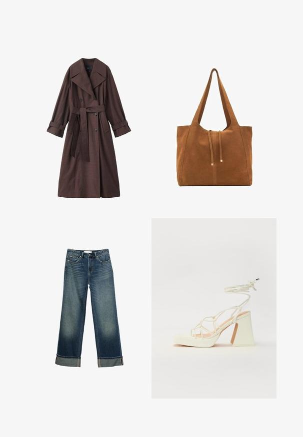 Hnedý trenčkot s textúrovaným povrchom, dvojradové zapínanie, široký golier, opasok v páse a zviazané manžety.; Námornícky modrý pletený sveter s okrúhlym výstrihom a dlhými rukávmi, s mierne skráteným lemom a rebrovanými manžetami, ktoré pridávajú na textúre.; Široké modré džíny z denimu s vyblednutým povrchom, päť vreckový dizajn a ohnuté manžety s kontrastným šitím. Hladká textúra.; Biele sandále na vysokom opätku s hrubým podpätkom, s pruhovaným dizajnom a viazaním na členku. Hladký povrch s platformou vpredu pre zvýšenú výšku.; Hnedá semišová taška cez rameno s dvoma dlhými popruhmi, sťahovacou šnúrkou a minimalistickým dizajnom. Hladký povrch a žiadne viditeľné kovové doplnky.