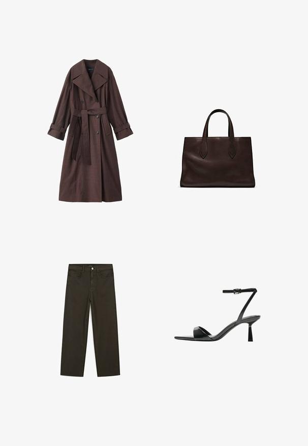 Brun trenchcoat med en strukturerad yta, dubbelknäppt design, bred krage, midja med bälte och uppvikta manschetter.; Brun bomull t-shirt, korta ärmar, rund halsringning, avslappnad passform, slät textur, minimalistisk design, inga synliga mönster eller accenter.; Mörkgröna vida jeans i bomullsblandning, med knäppning fram, fem fickor och klassisk denimstickning.; Bershka Sandaletter - black; Brun läder tote-väska med två avlånga handtag, strukturerad rektangulär form, slät textur och subtila sömdetaljer.