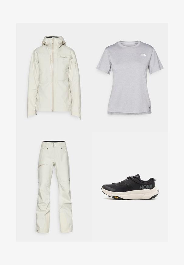 Norrøna LOFOTEN INSULATED JACKET - Chaqueta de esquí - oatmeal; Camiseta gris de manga corta hecha de una suave tela que absorbe la humedad. Presenta un cuello redondo y un pequeño logotipo blanco en la parte superior izquierda.; Pantalones de esquí blancos con una tela resistente al agua, que cuentan con bolsillos con cremallera y un acento texturizado en el tobillo. Diseño de pierna recta.; Zapatillas deportivas negras con parte superior de malla transpirable, suela de goma, entresuela blanca acolchada y cordones reflectantes. Logo de Vibram en la suela.