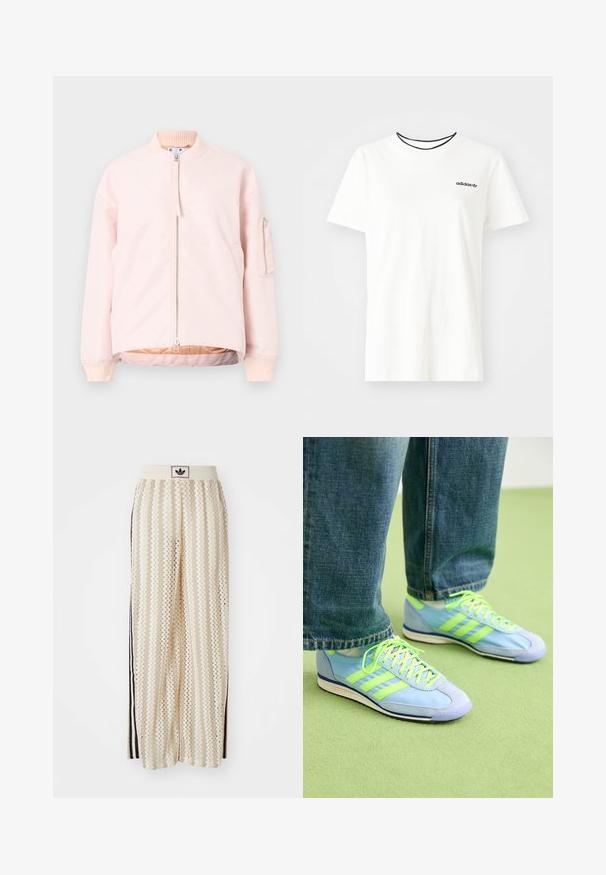 Šviesiai rožinė bombų striukė su priekiniais užtrauktukais, briaunuotu apykakle ir rankovėmis, bei šonine kišene. Lygus paviršius ir laisvas kirpimas.; Balta medvilnė marškinėliai su trumpomis rankovėmis ir apvalia iškirpte. Ant krūtinės yra juodas Adidas logotipas, o vidinė apykaklė yra kontrastinga juoda.; Grietos spalvos plačios kelnės su zigzagų raštu, turinčios juodą logotipo juostą ir šonines juodas juosteles. Lengvas, tekstūruotas audinys.; Šviesiai mėlyni sportiniai bateliai su žaliais akcentais, pagaminti iš zomšos ir sintetinės medžiagos, su trimis juostelėmis ir tekstūruotu padu. Derinami su laisvais džinsais.