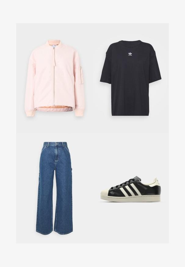 Šviesiai rožinė bombų striukė su priekiniais užtrauktukais, briaunuotu apykakle ir rankovėmis, bei šonine kišene. Lygus paviršius ir laisvas kirpimas.; Juodas medvilnės marškinėliai trumpomis rankovėmis, apvaliu iškirpimu, su baltu Adidas logo ant krūtinės. Paprastas dizainas, laisvas kirpimas.; Plačios mėlynos džinsinės kelnes su aukštu juosmeniu, kontrastingais siūlais ir šoninėmis kišenėmis, turinčios klasikinį penkių kišenių dizainą ir brutalius kraštus.; Juodi odiniai sportiniai bateliai su baltais dryžiais, guminis toe kapas, juodi raišteliai ir kreminis padas. Lygus pavirčius su blizgiu finišu.