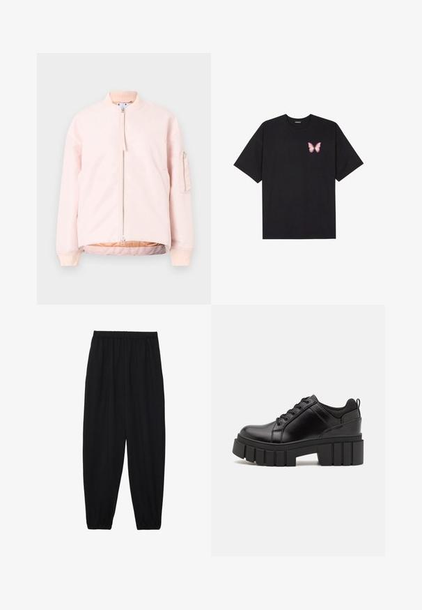 Hele roosa bomber-jakk, millel on ees tõmblukk, soonikkoes krae ja varrukad ning küljetasku. Sile tekstuur ja mugav lõige.; Must muströöpidega must puuvillane T-särk, vasakul rinnal on väike roosa liblikas. Ümar kaelus ja vabalt istuv lõige.; Mustad, kerge kangas püksid elastse vöökoha ja kokku volditud pahkluudega. Kanga pind on sile ja disain on lõdvestunud, kitsenev.; Must musta platvormsussid paksu plokkninal, ümmarguse varbaga ja traditsioonilise nööridega kinnitamisega. Sussid on sileda tekstuuriga ja minimaalsete detailidega.