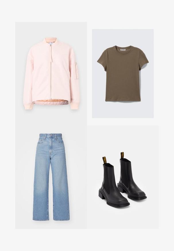 Jachetă bomber roz deschis cu fermoar în față, guler și manșete cu detalii îmbinate, și un buzunar lateral. Textură netedă și croială lejeră.; Tricou verde măsliniu, cu mânecă scurtă, din bumbac moale. Prezintă un decolteu rotund și o croială dreaptă, cu detalii minime de cusătură.; Jeans cu talie înaltă, de culoare albastru deschis, cu croială largă, dotate cu nasture și fermoar la față, buzunare în față și spate, pe un fundal alb.; Cizme negre până la gleznă, din piele netedă, cu panouri laterale elastice, vârf pătrat și toc masiv. Include taburi de prindere cu marcaj galben.