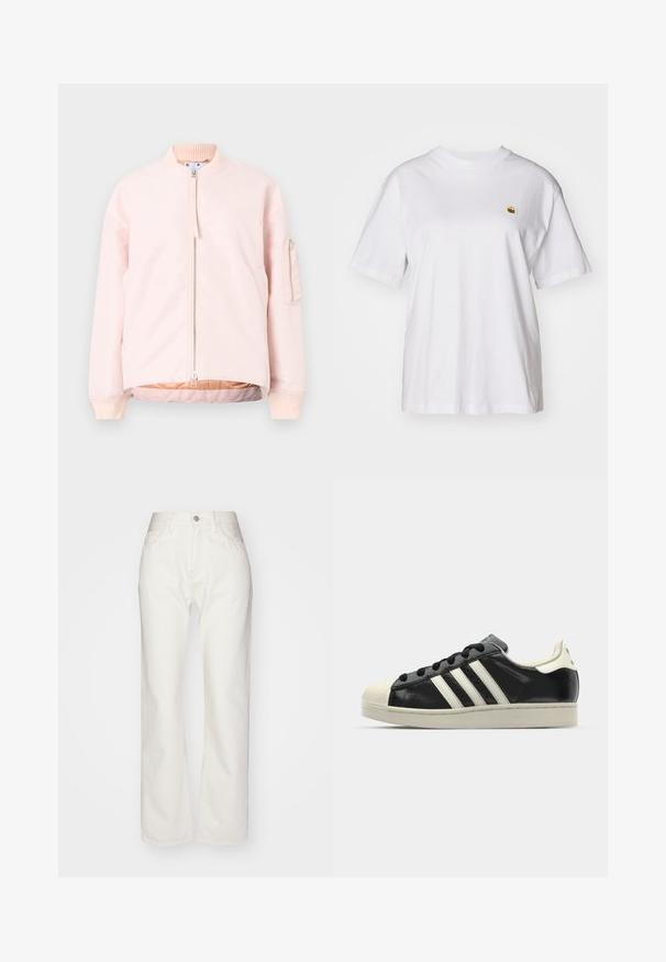 Svetloružová bomber bunda s predným zipsom, Rímsky golier a manžety a bočná kapsa. Hladká textúra a uvoľnený strih.; Biely bavlnený tričko s voľným strihom, krátkymi rukávmi a malým vyšitým logom na ľavej strane hrude.; Biele džínsy so zvýšeným pásom a širokými nohavicami. Majú zapínanie na gombík a zips, pútka na opasok a jemné detaily stehov.; Čierne kožené tenisky s bielymi pruhmi, gumenou špičkou, čiernymi šnúrkami a krémovobielou podrážkou. Hladký povrch s lesklým finišom.