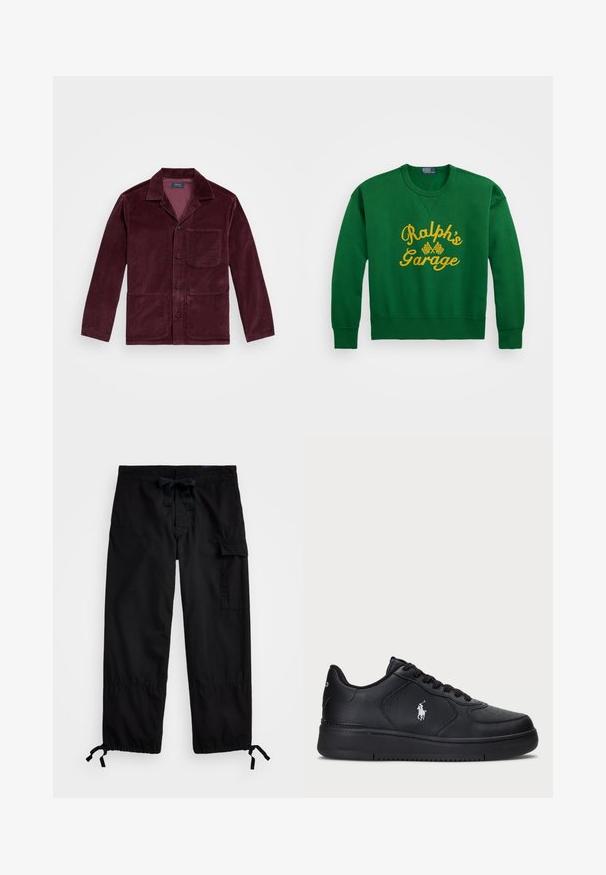 Burgundy kordjacka med snedskuren krage, framknäppning med knappar, bröstficka och två nedre fickor. Slät textur med synlig ribbning.; Grön sweatshirt med rundad halsringning, med gulbroderad text "Ralph’s Garage" och rutigt flaggmönster. Material i bomullsblandning.; Svarta cargobyxor med elastisk midja och dragsko. Har sidofickor och justerbara muddar med dragkedjor. Tillverkad av lättviktig tyg.; Svarta lädersneakers med perforerat mönster, platt snörning och en vit broderad logotyp på sidan. Tjock svart gummisula.
