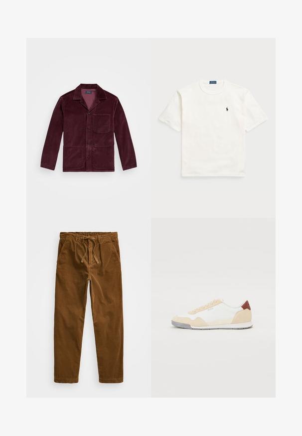 Burgundi spalvos korduroy švarkas su įpjoviniu apykakle, priekyje mygtukais užsegamas, krūtine kišenė ir dvi apatinės kišenės. Lygus paviršius su matomais šonkauliais.; Balta medvilninė marškinėlių su trumpomis rankovėmis, turinti klasikinį apvalų kaklą ir mažą juodą siuvinėtą logotipą kairiajame krūtinės kampe.; Rudi aksomo kelnės su elastinga juosta ir raišteliu, šoninėmis kišenėmis ir tiesiomis kojomis su tekstūruotu raukšlėjimu.; Sportiniai batai su balto tinklinio viršumi, kreminės zomšos akcentais ir raudonu odiniu kulno detaliu. Guminis padas su tekstūruotais raštais, užtikrinančiais sukibimą.