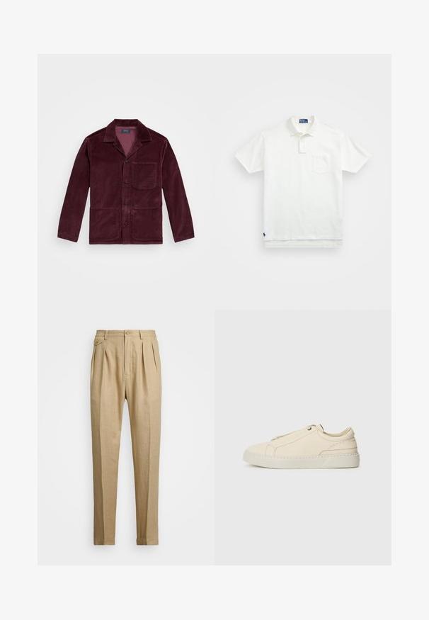 Burgundská kordurová bunda s klopovým límcem, předním zapínáním na knoflíky, náprsní kapsou a dvěma dolními kapsami. Hladký povrch s viditelným žebrováním.; Bílá polo košile vyrobená z bavlny, s klasickým límcem, tříknoflíkovou légou a kapsičkou na levé straně hrudi; malá nášivka na lemu.; Béžové lněné kalhoty rovného střihu, s dvěma předními sklady, zapínáním na knoflík a bočními kapsami. Strukturovaná tkanina s hladkým povrchem.; Krémové kožené tenisky s kulatou špičkou, minimalistickým designem, jemnými švy a texturovaným svrškem, na světlé podrážce.