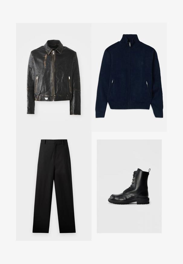 Crna kožna jakna s klasičnom kragnom, prednjim zatvaračem, dva džepa sa zipovima i istrošenim izgledom koji naglašava teksturu i dizajn.; Mornarska dukserica sa patentnim zatvaračem i visokim ovratnikom, dva bočna džepa sa patentnim zatvaračem i glatkom teksturom tkanine. Ima diskretni logo na prsima.; Crna dugorukava majica od pamuka, s okruglim izrezom i jednostavnim dizajnom bez vidljivih uzoraka ili ukrasa.; Crne hlače od pamuka s ravnim krojem, sa prednjim kopčanjem na tipku i bočnim džepovima. Glatka tekstura, bez uzoraka.; Crne kožne čizme na vezivanje s debelim đonom i petljom za povlačenje na ravnoj svijetloj pozadini, bočni pogled koji prikazuje lijevu čizmu.