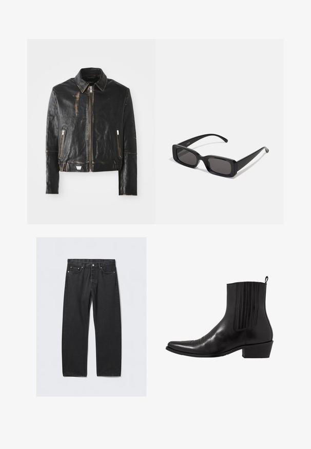 Čierna kožená bunda s klasickým golierom, predným zipsom, dvoma zipsovými vreckami a opotrebovaným povrchom, ktorý zvýrazňuje textúru a dizajn.; Čierna košeľa s dlhým rukávom z hladkej tkaniny, s predným zapínaním na gombíky, golierom a jemne vyšitým logom na hrudi.; Čierne denimové nohavice so strihom rovného nohavicu, s gombíkovým zapínaním, piatimi vreckami a kovovými detailmi v medi. Hladká textúra.; Čierne kožené členkové topánky s špičatou špičkou, elastickými bočnými panelmi, vertikálnymi švami a nízkym blokovým podpätkom.; Čierne obdĺžnikové slnečné okuliare s tmavými šošovkami, lesklým povrchom, širokými ramenami a robustným rámovým dizajnom. Vygravírované meno značky na jednom ramene.