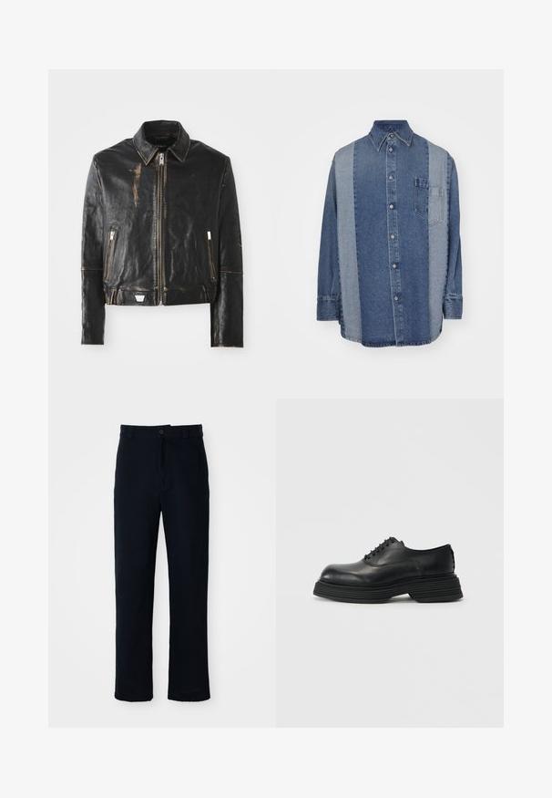 Black leather jacket with a classic collar, front zip closure, two zippered pockets, and distressed finish highlighting the texture and design.; Denim shirt featuring a two-tone design with dark and light blue sections, button front, collar, and a chest pocket.; Navy blue trousers made of cotton, featuring a straight-leg design, a front button closure, and classic waistband with belt loops.; Black leather shoes with a rounded toe, featuring a thick layered sole and traditional lace-up design. Smooth texture with minimal detailing.