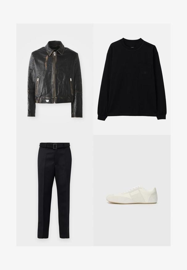 Čierna kožená bunda s klasickým golierom, predným zipsom, dvoma zipsovými vreckami a opotrebovaným povrchom, ktorý zvýrazňuje textúru a dizajn.; Čierne tričko s dlhým rukávom vyrobené z bavlny, s okrúhlym výstrihom, ľavou náprsné kapsou a elastickými manžetami. Minimalistický dizajn bez vzorov.; Čierne nohavice na mieru majú hladkú tkaninu, rovný strih a opasok s obdĺžnikovou sponou. Výrazné predné skladky zvýrazňujú dizajn.; Biele športové topánky so štýlovým dizajnom, s nubukovou špičkou, koženými panelmi a kontrastnými textúrovanými akcentmi. Plná gumová podrážka.