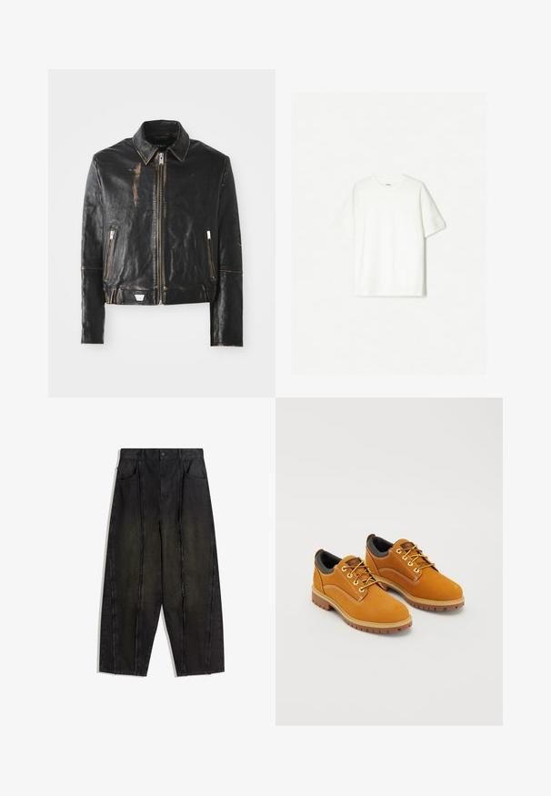 Čierna kožená bunda s klasickým golierom, predným zipsom, dvoma zipsovými vreckami a opotrebovaným povrchom, ktorý zvýrazňuje textúru a dizajn.; Biele tričko s krátkym rukávom vyrobené z mäkkého bavlneného materiálu. S dizajnom s okrúhlym výstrihom, vo voľnom strihu, bez viditeľných log či vzorov.; Čierne nohavice s širokými nohavicami z denimu, viditeľné švy a rozstrapkané okraje, so zapracovanými prednými vreckami a vysokým pásom.; Hnedé semišové topánky s okrúhlou špičkou, žltými šnúrkami, polstrovaným čiernym golierom a gumovou podrážkou s trakčnými drážkami.