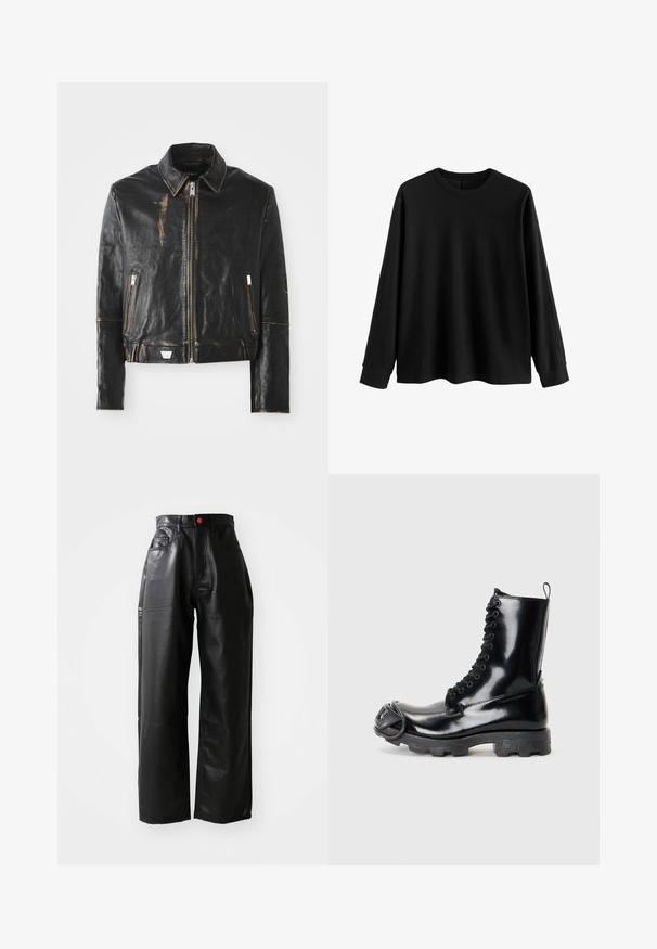Černá kožená bunda s klasickým límcem, předním zipem, dvěma zipovými kapsami a oprýskaným povrchem, který zvýrazňuje texturu a design.; Černý svetr s dlouhým rukávem vyrobený z měkké tkaniny, s kulatým výstřihem, volným střihem a žebrovanými manžetami. Minimalistický design, bez dalších vzorů.; Černé široké kalhoty z umělé kůže s vysokým pasem, viditelnými kapsami a červeným knoflíkem jako akcentem, se hladkým, lesklým povrchem.; Černé lakované kožené bojové boty s lesklým povrchem, šněrovacím designem, silnou gumovou podrážkou a charakteristickým předním kovovým detailem.