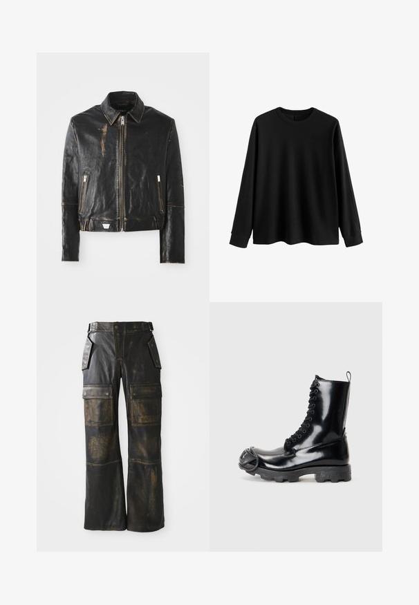 Mustast nahast jakk klassikalise kraega, ees lukuga sulgemine, kaks lukuga taskut ja kulunud välimus, mis toob esile tekstuuri ja disaini.; Must have pikkade varrukatega must pehme kanga pullover, millel on ümmargune kaelus, lõdva istuvuse ja soonikkoes mansetid. Minimalistlik disain, ilma lisamustereta.; Musta nahkne cargo püksid, millel on kulunud tekstuur, suured küljetaskud, kõrge vöökoht ja kontrastne õmblus õmbluste üle.; Must mustekatse nahast lahingukingad läikiva viimistlusega, nöörimisega disain, paks kummist tald ja eriline eesmine riistvara detail.