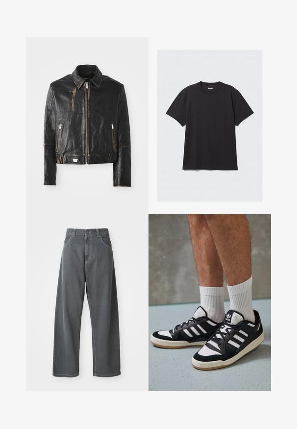 Črna usnjena jakna s klasičnim ovratnikom, sprednjim zadrgo, dvema žepoma z zadrgo in obrabljenim zaključkom, ki poudarja teksturo in obliko.; Crna majica s kratkimi rokavi iz bombaža. Ima okroglo ovratnik in sproščen kroj. Preprost dizajn brez vzorcev ali poudarkov.; Sive jeans širokih hlač z visokim pasom, ki vključujejo sprednje žepke, zanke za pas in gumbasto zapiranje v predelu pasu.; Črno-bele superge z zgornjim delom iz usnja in nubuka, ki imajo tri bele črte, perforiran vrh prstov in podplat iz gume.