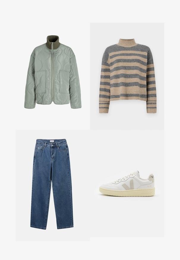 Šviesiai žalias siuvinėtas švarkas, pasižymintis aukšta apykakle, dviem priekinėmis kišenėmis, lygia tekstūra ir užtrauktuku.; Dryžuotas mezginys su pilkos ir smėlio spalvomis, aukštu kaklu, plačiomis rankovėmis su atvartais ir laisvu siluetu, trumpesnio ilgio.; Klasikiniai mėlynos džinsinio audinio džinsai su tiesiomis kojomis, penkiomis kišenėmis ir mygtukų uždarymu. Pasižymi vidutiniu skalbimu ir tvirtu audiniu.; Balti odiniai sportbačiai su kreminiais zomšos akcentais, perforuota pirštų dalimi, plokščiomis raišteliais ir struktūruota kreminėmis padomis. Ant kulno yra subtilus ženklinimas.