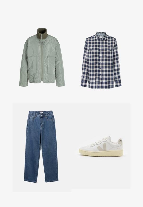 Ovratna jakna v svetlo zeleni barvi, s visokim ovratnikom, dvema sprednjima žepoma, gladko teksturo in zadrgo.; Karirana flanelasta srajca v mornarsko modri, beli in rdeči barvi. Dolgi rokavi, gumbasta zapenjanja, dva žepa na prsih ter subtilen logotip na robu.; Klasične modre jeans hlače s ravnim krojem, petimi žepi in gumbom za zapiranje. Imajo srednje pranje in trdno teksturo.; Bela usnjena tenisača z bež semiš poudarki, perforiranim prednjim delom, ravnimi vezalkami in strukturiranim kremnim podplatom. Ima diskretno blagovno znamko na peti.