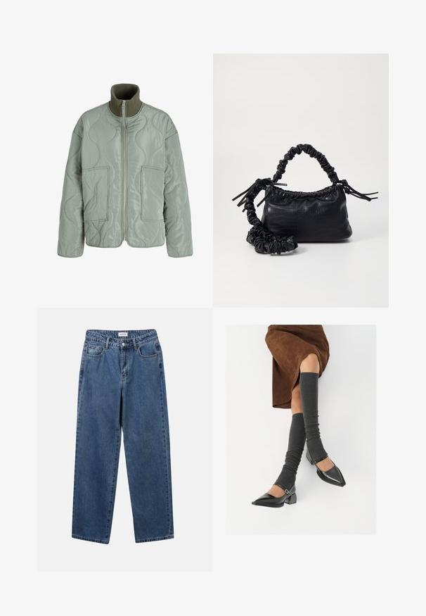 Casaco acolchoado em verde claro, com colarinho alto, dois bolsos frontais, textura suave e fecho de correr.; YAS YASMILLE - Polo - black/star white; Jeans de denim azul clássicos com um design de perna reta, cinco bolsos e fecho de botão. Apresenta um tratamento médio e uma textura resistente.; Sapatos pretos de pele lacada com biqueira pontuda, salto bloco e tiras no tornozelo, combinados com caneleiras cinzas em malha e uma saia de camurça castanha.; Bolsa de mão em couro sintético preto com textura de crocodilo, topo franzido e alça enrugada. Apresenta um design suave e compacto.