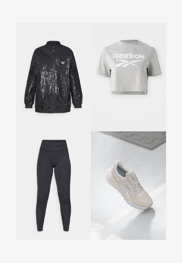 Svart jakke med kontrasterende matte og glinsende slangeskinnmønster, glidelås, høy krage og elastiske mansjetter. Reebok-logo øverst til venstre.; Grå cropped t-skjorte laget av bomull, med rund hals og korte ermer, med hvit "Reebok" tekst og logo trykket på forsiden.; Sorte tights med høy elastisk liv med teksten "UNDER ARMOUR". Glatt tekstur med subtile mønsteraccents langs beina.; Lys beige treningssko med perforert overdel, teksturerte detaljer, polstret krage og hvit gummisåle, designet for komfort og pusteegenskaper.
