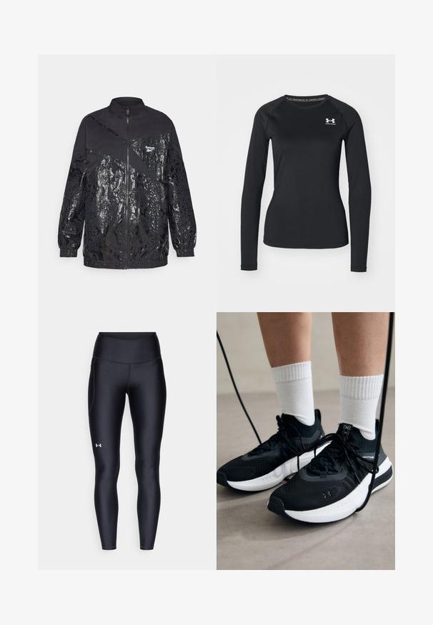 Melns mētelis ar kontrastējošām matētām un spīdīgām čūsku drukas rakstām, ar rāvējslēdzēja aizdari, augstu apkakli un elastīgām izgriezēm. Reebok logo augšējā kreisajā pusē.; Melna garām piedurknēm sporta krekls, izgatavots no izlīdzinātas auduma, ar apaļu kakla izgriezumu un mazu baltu logotipu kreisajā krūtī.; Melnas leginses, kas izgatavotas no gluda, elastīga materiāla ar augstām jostām. Ir balta logo kreisajā augšstilbā un pieguļoša piegriezuma dizains.; Melni sporta apavi ar strukturētu audumu, balta zole un melni šņores. Valkāti ar baltām ribotām zeķēm, stāvot uz gaišas virsmas.