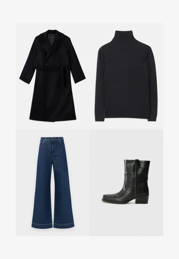 Langer schwarzer doppelt knöpferiger Mantel mit breiten Revers, einem Bindegürtel und seitlichen Taschen, aus einem glatten Wollstoff gefertigt.; Schwarzer Rollkragenpullover aus weichem Material. Mit langen Ärmeln, einem hohen Kragen und gerippten Bündchen und Saum für einen figurbetonten Look.; Weite blaue Jeans aus Denim mit hoher Taille, ausgestattet mit einem Knopfverschluss, Gürtelschlaufen und dezenten Stichdetails an den Taschen und Säumen.; Schwarze Leder-Ankle Boots mit runder Zehenform, Blockabsatz, seitlichem Reißverschluss und gestickten Akzenten auf dem Blatt. Glatte Textur, klassisches Design.