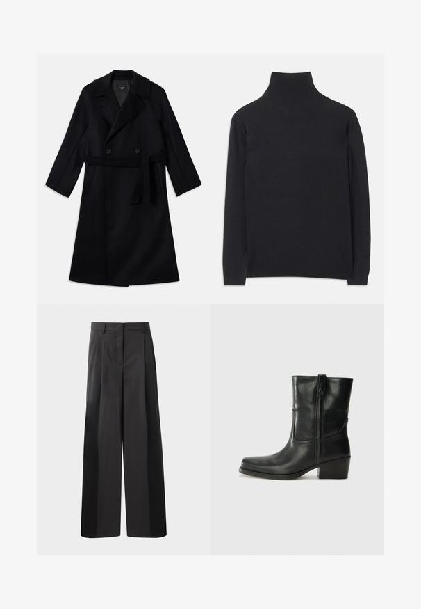 Dugi crni dvoredni kaput sa širokim kragnama, remenom na vezanje i bočnim džepovima, izrađen od glatke vunene tkanine.; Crna rolka izrađena od mekanog materijala. Ima duge rukave, visoki ovratnik te rebraste rukave i donji rub za prilagodljiv izgled.; Crne široke hlače s visokim strukom, s prednjim nabranim detaljima, glatkom teksturom i krojenim završetkom. Dizajnirane za opušteni kroj.; Crne kožne čizme do članaka s okruglim vrhom, blok potpeticom, bočnim patentnim zatvaračem i detaljima od šavova na gornjem dijelu. Glatka tekstura, klasičan dizajn.