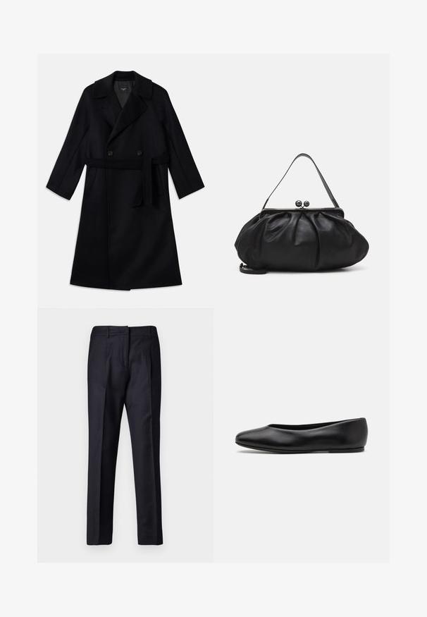 Cappotto lungo nero doppiopetto con ampi revers, cintura in vita e tasche laterali, realizzato in un tessuto di lana liscio.; Maglione nero a maniche lunghe con colletto a dolcevita realizzato in tessuto morbido, caratterizzato da un collo arricciato e una silhouette aderente con bordi semplici.; Pantaloni sartoriali blu navy con una texture liscia, presentano una parte frontale piatta, due pieghe e passanti per la cintura. Taglio dritto, fondo finito.; Paul Smith TOPANGA - Ballerine - black; Borsa a mano in pelle nera con un design arrotondato e plissettato. Presenta una chiusura metallica con due palline decorative e una tracolla sottile e removibile.