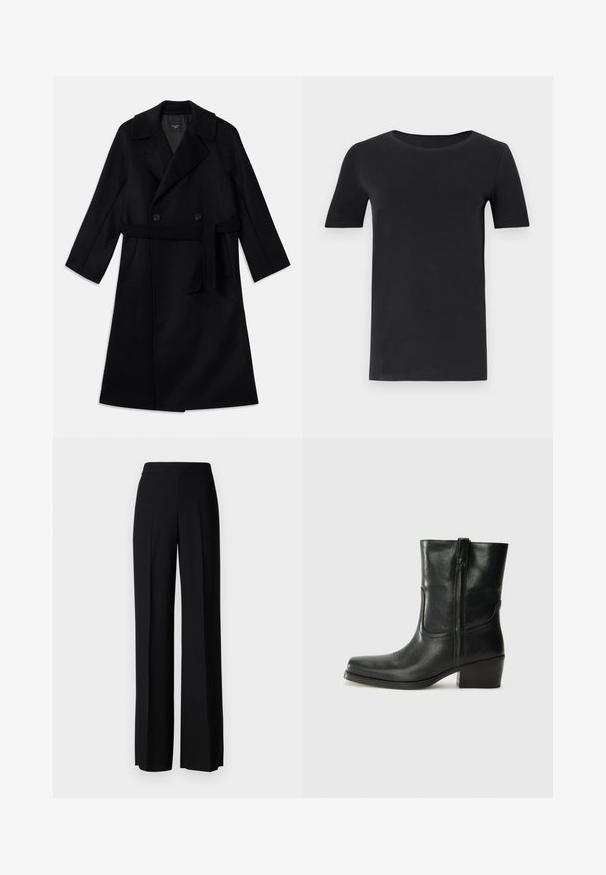 Garšs melns dubultkrūšu mētelis ar plašiem atlokiem, jostu un sānu kabatām, izgatavots no gluda vilnas auduma.; Melnas īsām piedurknēm T-krekls, kas izgatavots no mīkstas kokvilnas, ar apaļu kakla izgriezumu un klasisku piegriezumu. Gluda tekstūra, bez rakstiem vai rotājumiem.; Melni platleği bikses ar gludu tekstūru, ar augstu jostasvietu un centrālajām krokām. Nav redzamu rakstu vai aparatūras detaļu.; Melna ādas potīte ar noapaļotu purngalu, bloku papēdi, sānu rāvējslēdzēju un šuvju akcentiem uz virsmas. Gluda tekstūra, klasiskā dizaina.