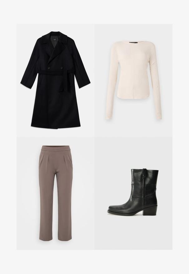 Dolga črna dvoredna plašč s širokimi reverji, pasom za zavezovanje in stranskimi žepi, izdelan iz gladkega volnenega blaga.; Dolga majica v svetlo bež barvi s okroglim izrezom. Narejena iz mehkega materiala, ima osrednji šiv in rahlo ukrivljen rob. Ni vidnih elementov.; Taupe hlače širokega kroja z elastičnim pasom in sprednjimi gubi, narejene iz gladkega materiala.; Črne usnjene gležnjarje z zaobljenim nosom, blok peto, stransko zadrgo in šivanjem na vampu. Gladka tekstura, klasična zasnova.