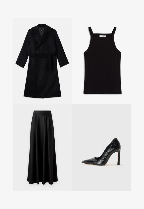 Long black double-breasted coat with wide lapels, a tie belt, and side pockets, made from a smooth woolen fabric.; Black tank top with thin spaghetti straps, made of a ribbed fabric, featuring a straight cut and a label at the neckline reading "IVY OAK."; Black, floor-length skirt with a smooth texture, wide waistband, and pleated design, featuring no visible patterns or embellishments.; Black pointed-toe high heel shoe with a crocodile-skin texture, featuring a sleek design, high stiletto heel, and smooth black interior.