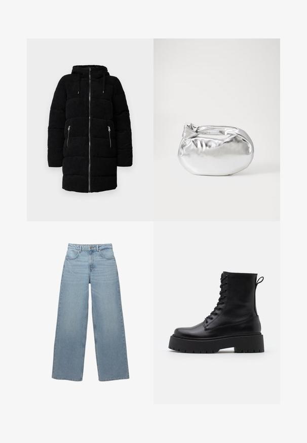 Giubbotto puffer in corduroy nero con cappuccio, dotato di una cerniera frontale completa, due tasche laterali con cerniera e una texture trapuntata.; VILA VIPEARL O NECK - Maglione - black; Jeans a gamba larga blu chiaro in denim di cotone, dotati di cinque tasche, chiusura frontale con bottone e orlo con frange minime.; Stivaletti in pelle nera alla caviglia con punta rotonda, lace-up frontale e suola in gomma spessa con battistrada textured. Tassello sul retro.; Borsa a pochette metallica argentea con una forma morbida e arrotondata e chiusura superiore annodata. Realizzata in materiale sintetico morbido.; Orecchini a cerchio in argento con un design minimalista. Forma circolare, superficie liscia e profilo sottile. Leggeri con una finitura lucida.