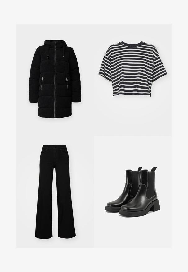 Sort kordfløjl pufferjakke med hætte, der har en fuld frontlynlås, to lynlåslommer på siderne og en quiltet tekstur.; Ribbet cropped t-shirt i navy og hvid. Korte ærmer, rund halsudskæring, blødt stof med vandrette striber og en afslappet pasform.; Sorte bukser med bred benvidde lavet af denim, med en struktureret talje, bæltesløjfer og forlommer. Glat tekstur med et klassisk design.; Sorte læder Chelsea-støvler med en kraftig hæl, elastiske sidepaneler og kontrastfarvet hvid syning. Tekstureret overflade.
